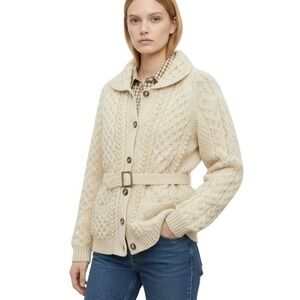 VTG Cream Cable Knit Acrylic Handmade Belted Cardigan Collar Western Revival